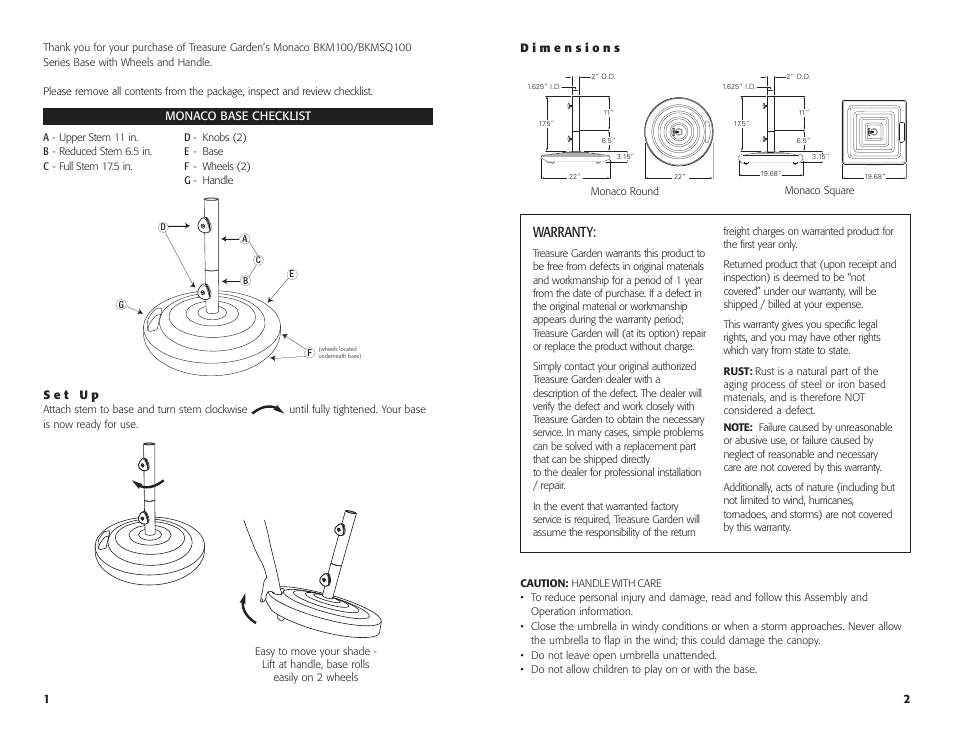 Warranty | Treasure Garden BKMSQ Monaco Base User Manual | Page 2 / 4