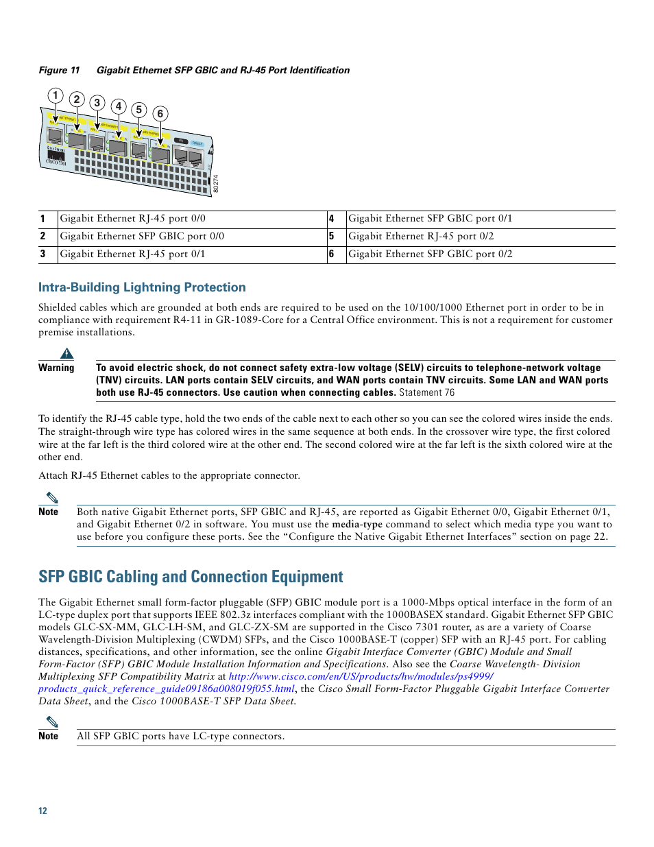 Intra-building lightning protection, Sfp gbic cabling and connection equipment, Small form-factor pluggable (sfp) gbic module | Cisco 7301 User Manual | Page 12 / 34