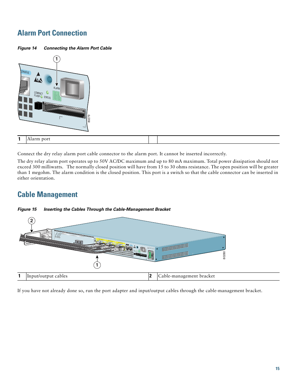 Alarm port connection, Cable management, Alarm port | Input/output cables, Cable-management bracket | Cisco 7301 User Manual | Page 15 / 34