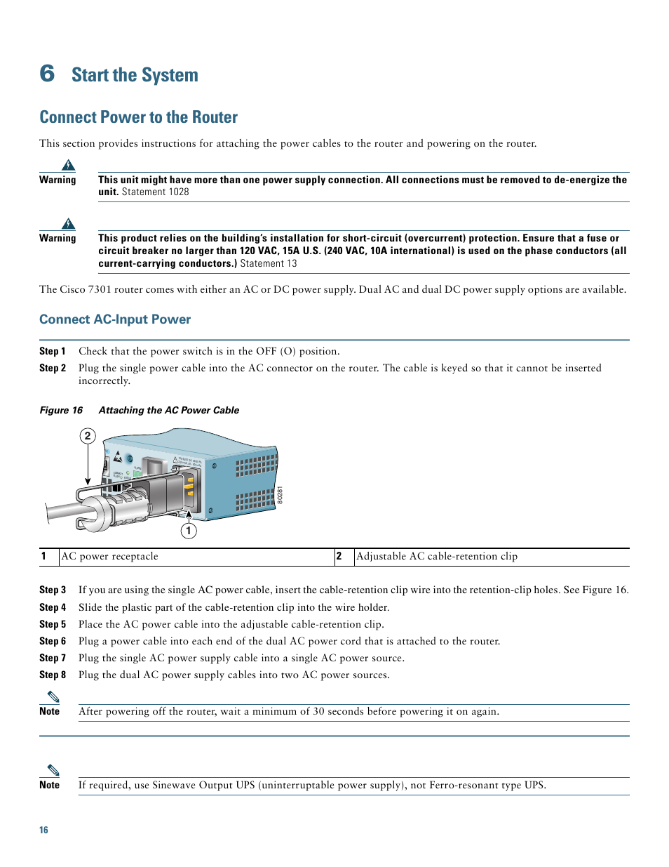 6 start the system, Connect power to the router, Connect ac-input power | Start the system | Cisco 7301 User Manual | Page 16 / 34