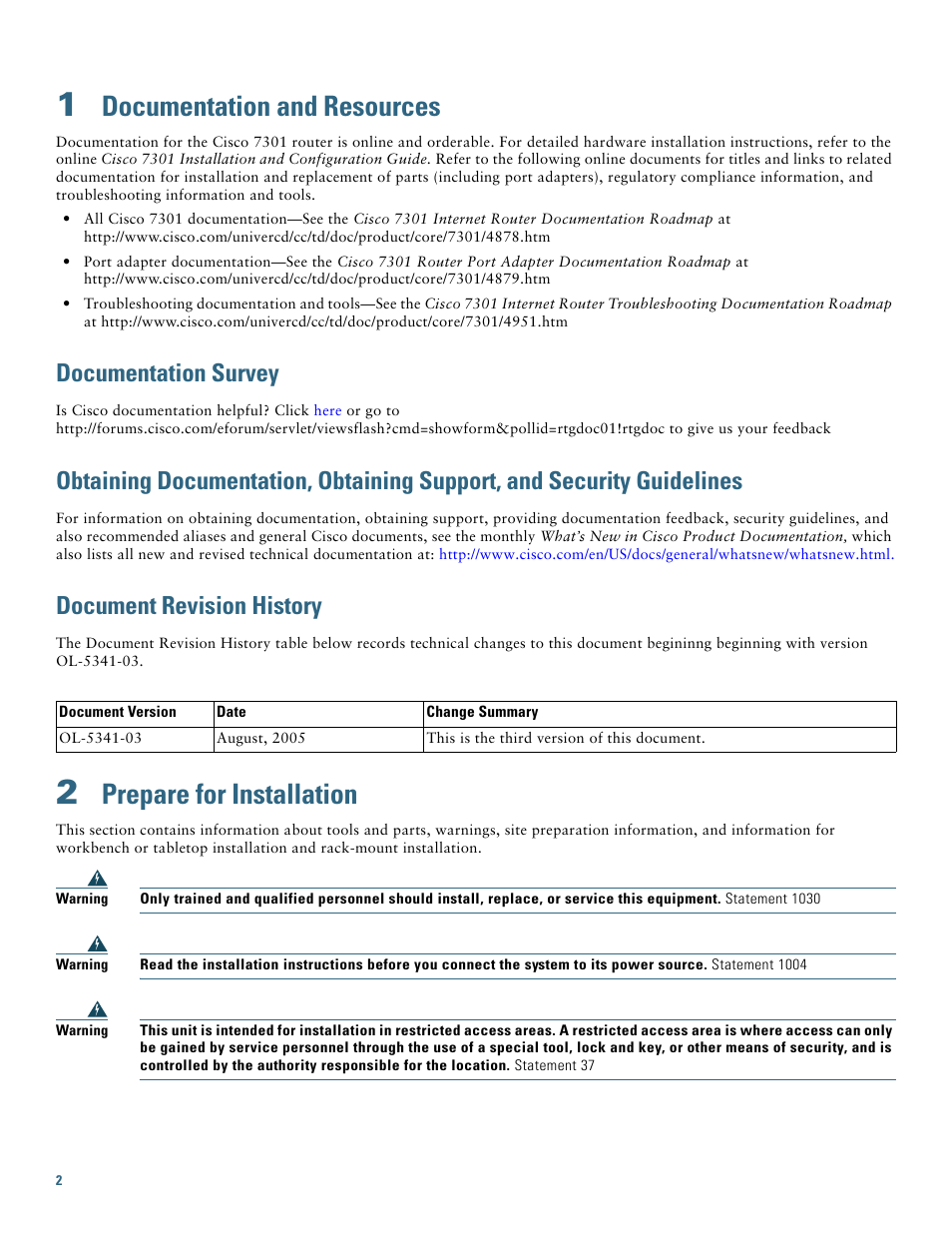 1 documentation and resources, Documentation survey, Document revision history | 2 prepare for installation, Documentation and resources, Prepare for installation | Cisco 7301 User Manual | Page 2 / 34