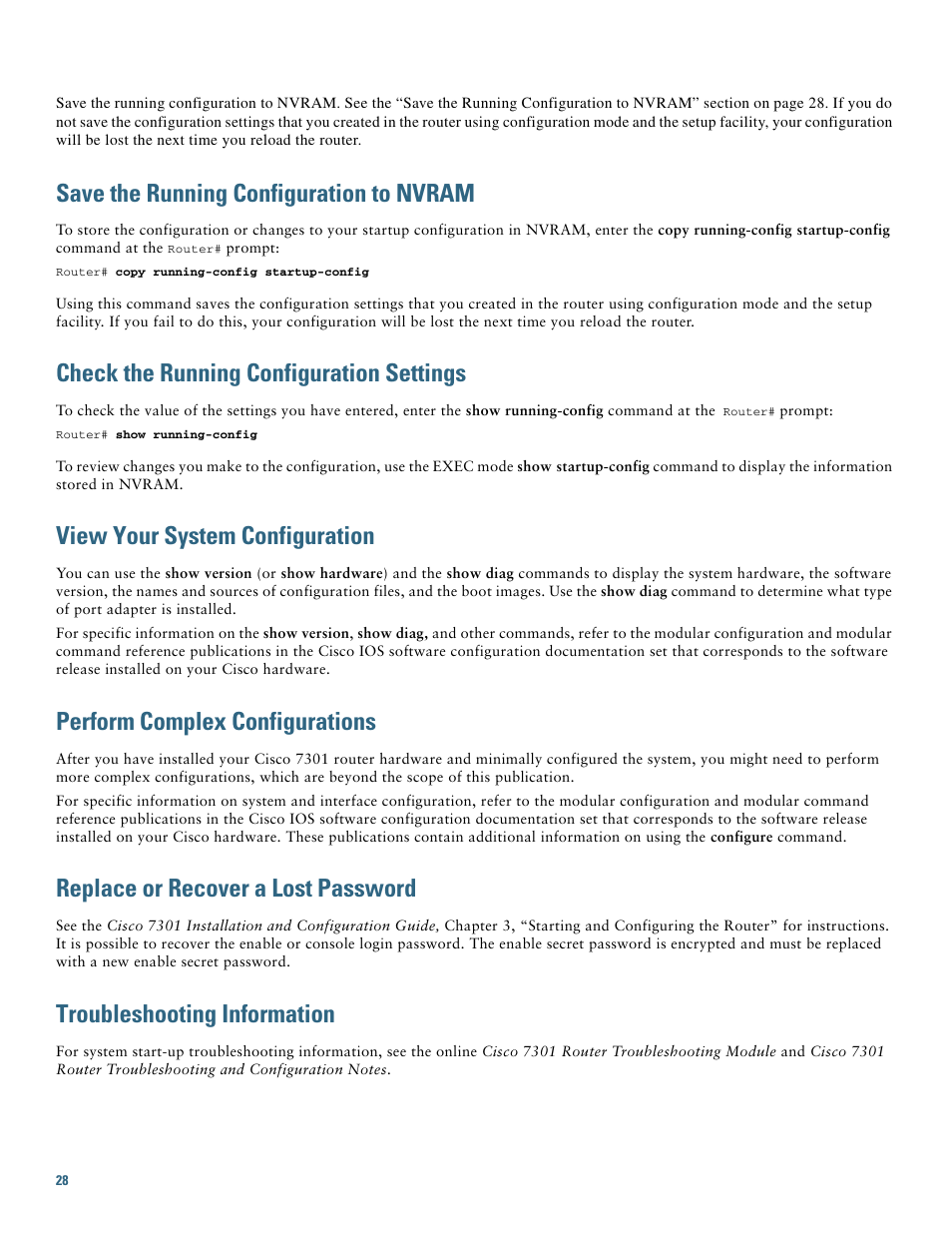 Save the running configuration to nvram, Check the running configuration settings, View your system configuration | Perform complex configurations, Replace or recover a lost password, Troubleshooting information | Cisco 7301 User Manual | Page 28 / 34