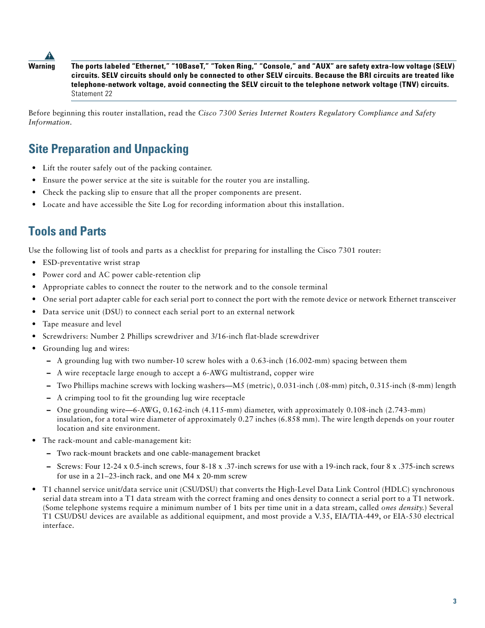 Site preparation and unpacking, Tools and parts | Cisco 7301 User Manual | Page 3 / 34