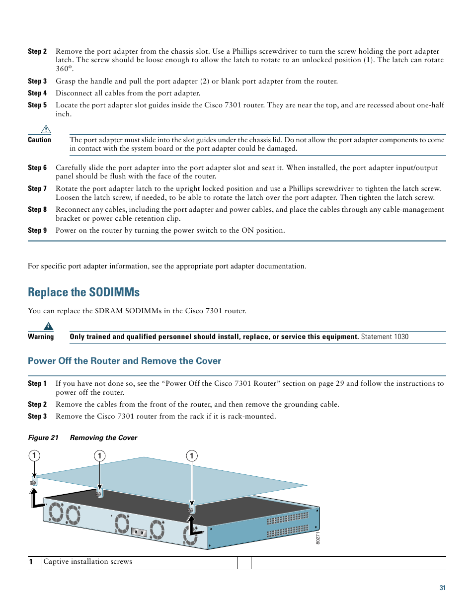 Replace the sodimms, Power off the router and remove the cover | Cisco 7301 User Manual | Page 31 / 34