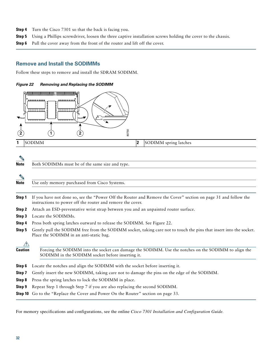 Remove and install the sodimms | Cisco 7301 User Manual | Page 32 / 34