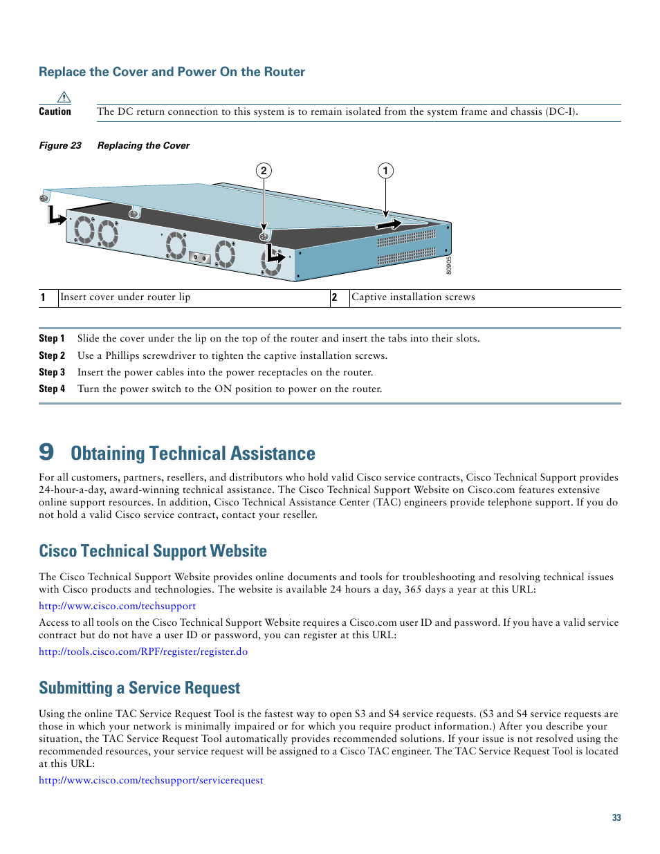 Replace the cover and power on the router, 9 obtaining technical assistance, Cisco technical support website | Submitting a service request, Obtaining technical assistance | Cisco 7301 User Manual | Page 33 / 34