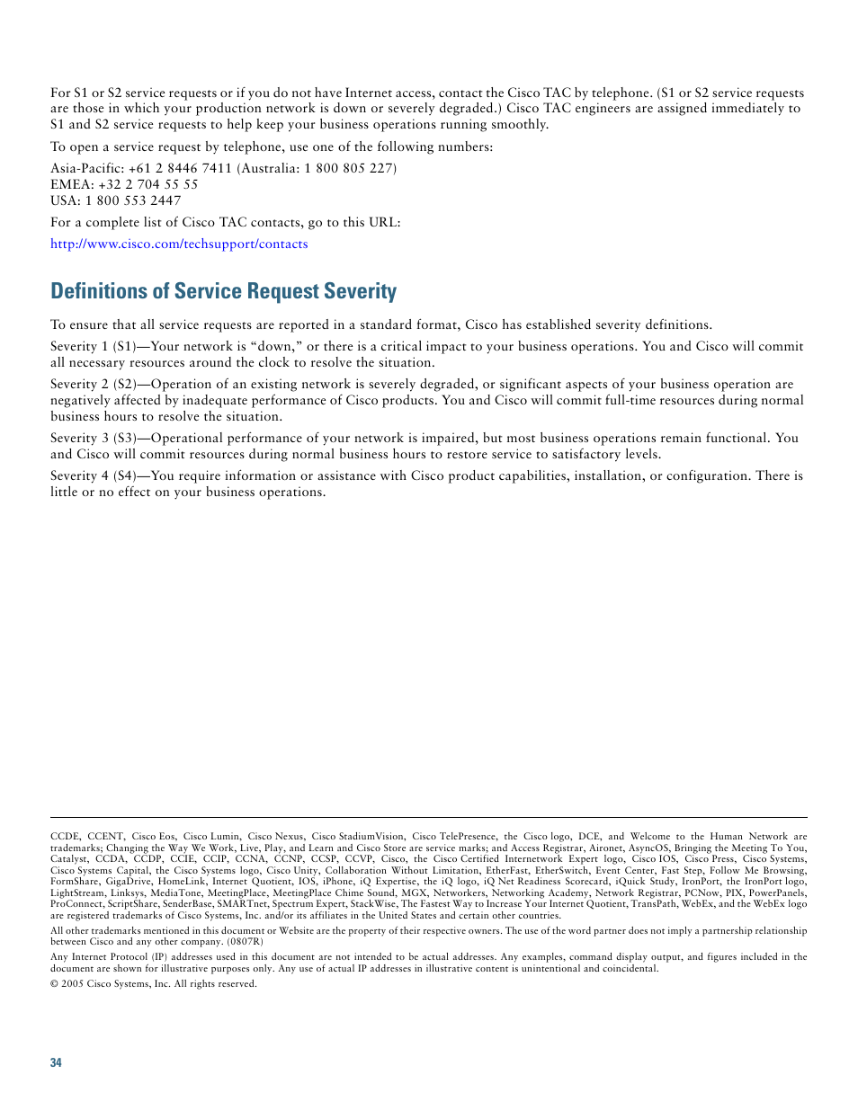 Definitions of service request severity | Cisco 7301 User Manual | Page 34 / 34