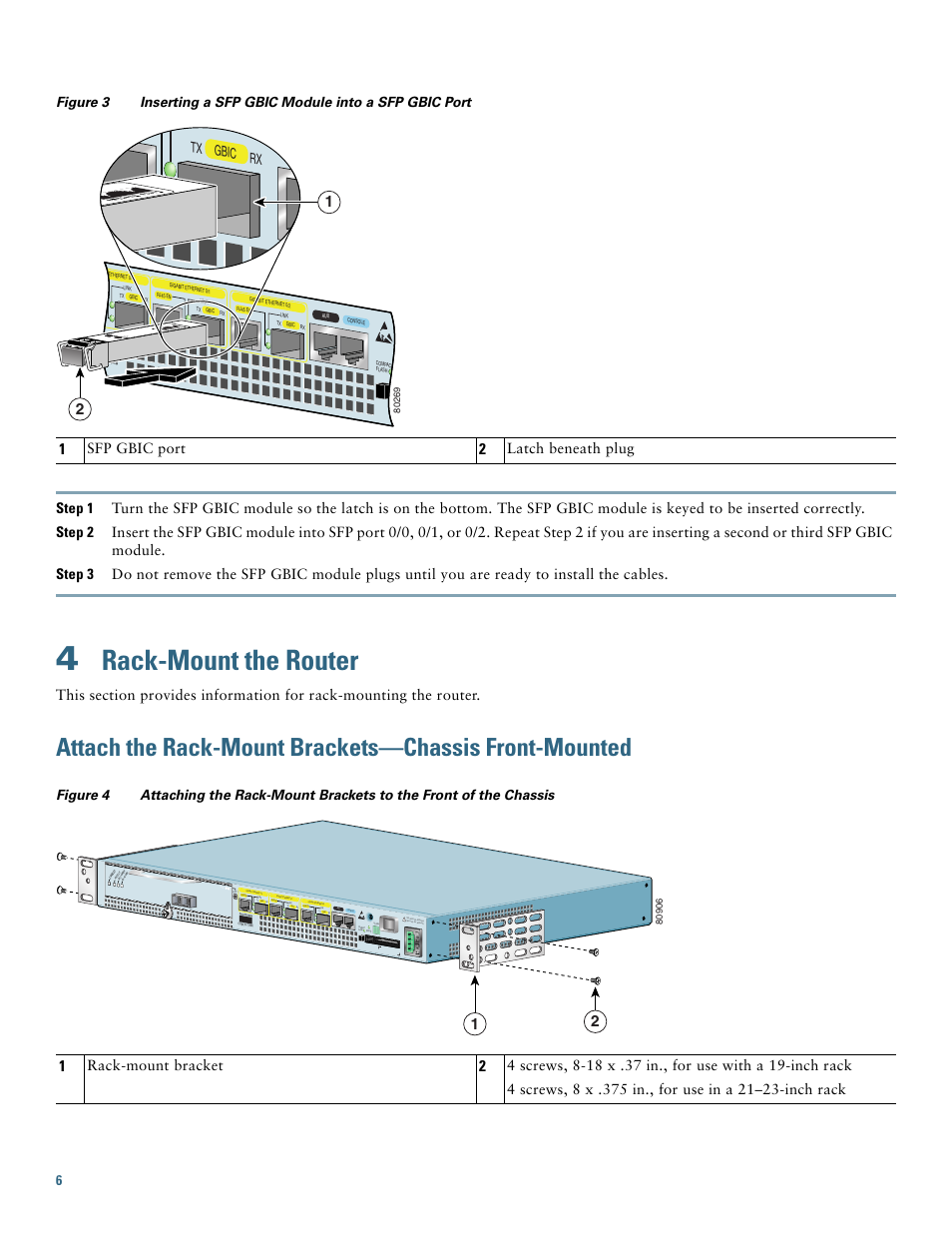 4 rack-mount the router, Rack-mount the router, Sfp gbic port | Latch beneath plug, Rack-mount bracket, Tx rx gbic | Cisco 7301 User Manual | Page 6 / 34