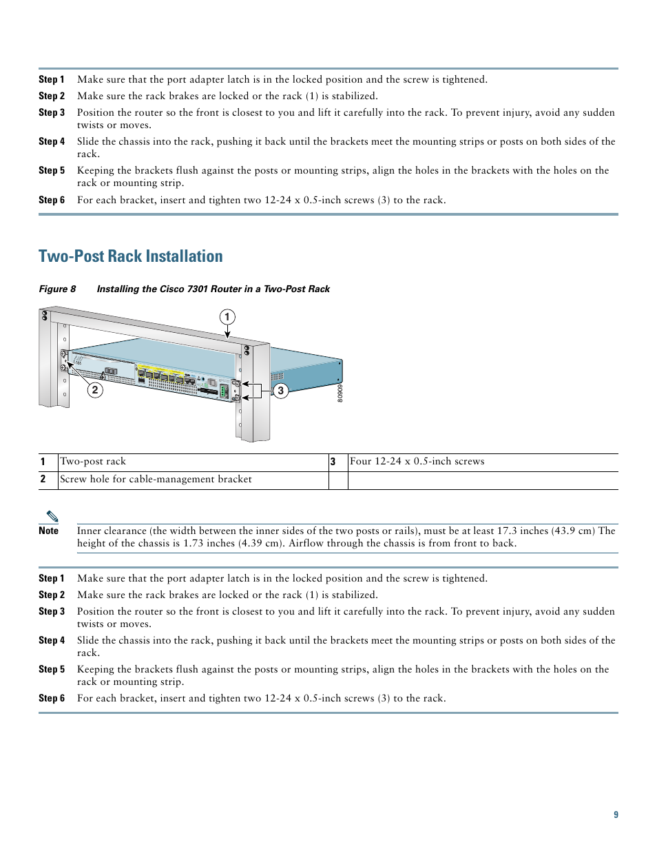 Two-post rack installation | Cisco 7301 User Manual | Page 9 / 34