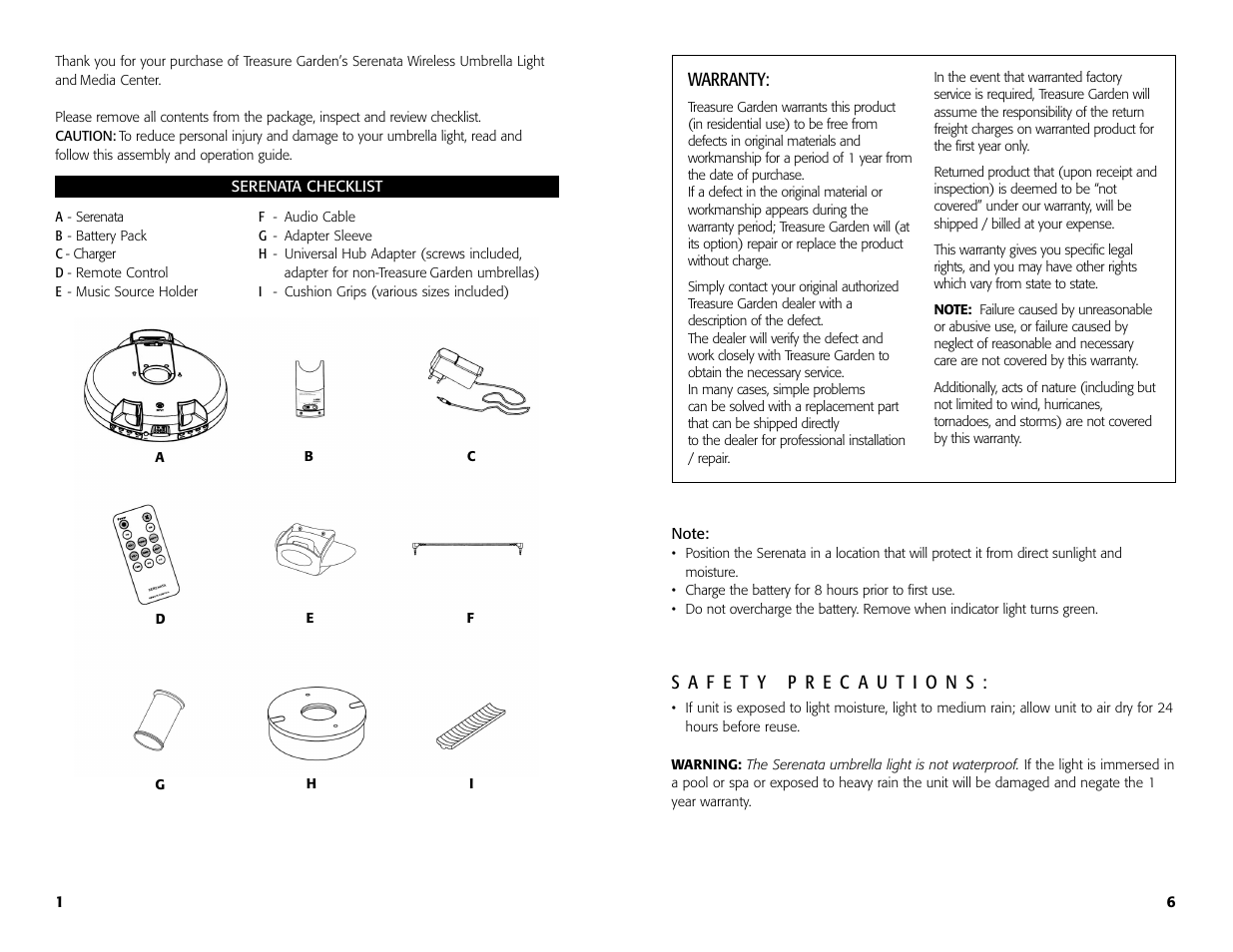 Warranty | Treasure Garden Serenata User Manual | Page 2 / 8