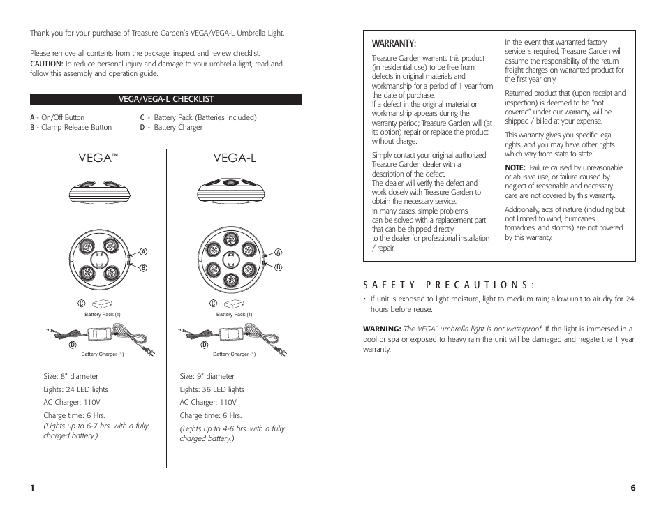Vega, Vega-l, Warranty | Treasure Garden Vega-L User Manual | Page 2 / 8