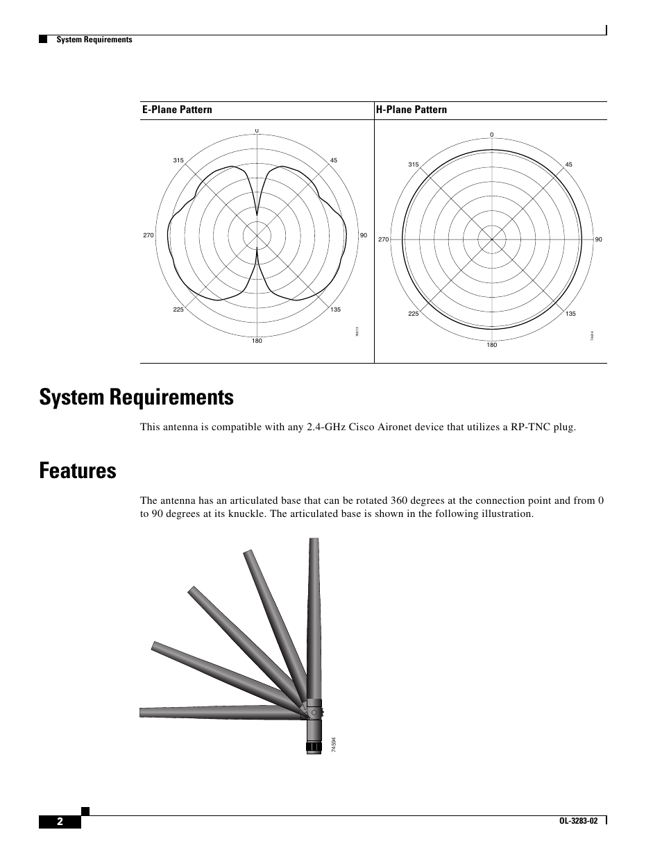 System requirements, Features | Cisco Cisco Aironet 2.4 Ghz Articulated Dipole Antenna AIR-ANT4941 User Manual | Page 2 / 3