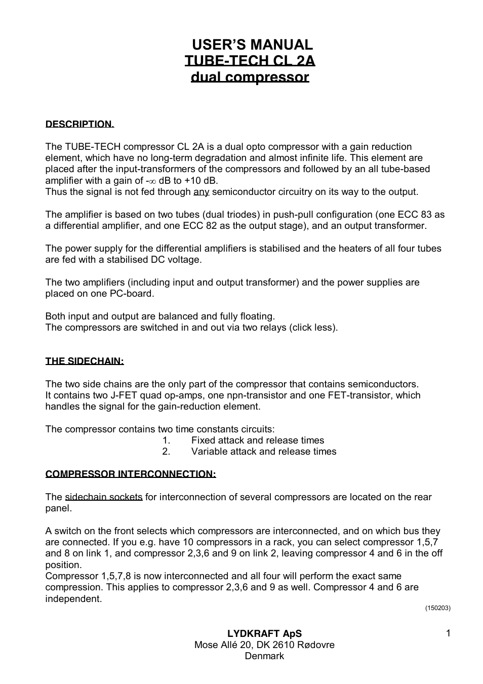 Tube Tech CL 2A Dual Opto Compressor User Manual | 7 pages