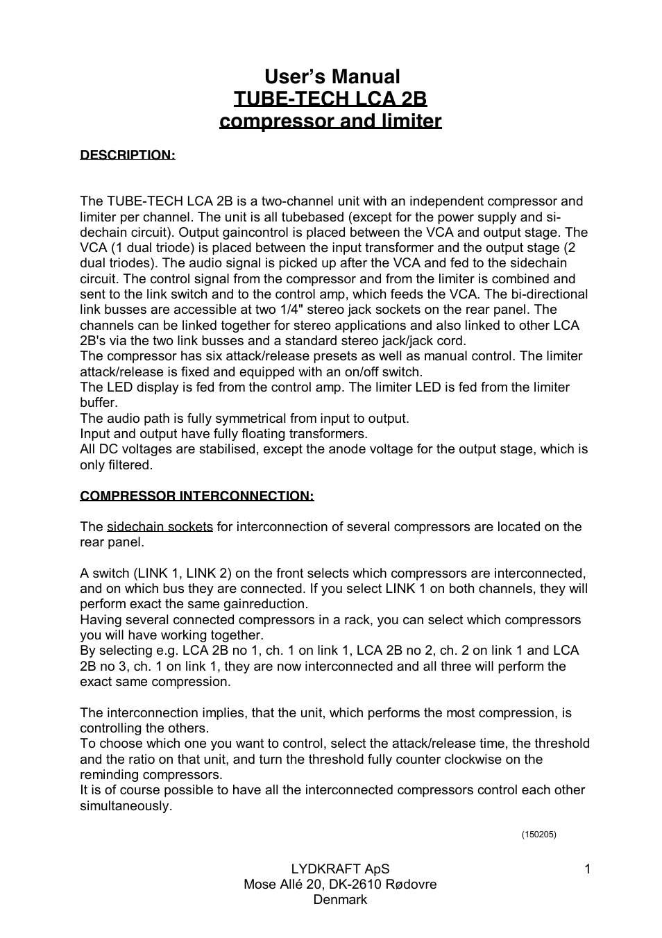 Tube Tech LCA 2B Dual Channel Tube VCA Compressor User Manual | 8 pages