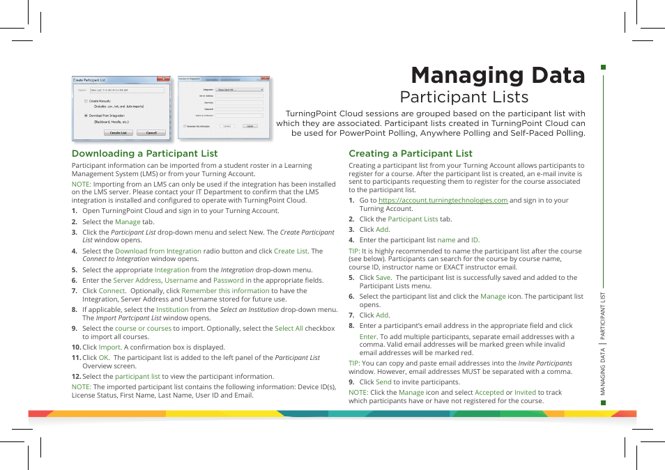 Managing data, Participant lists, Creating a participant list | Downloading a participant list | Turning Technologies TurningPoint Cloud User Manual | Page 15 / 28