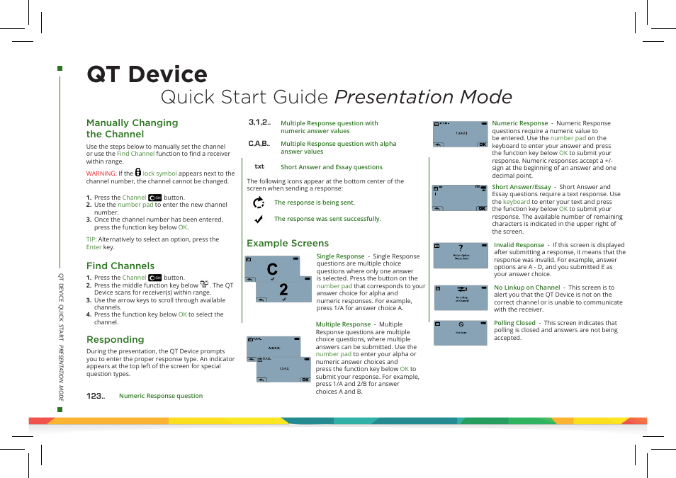 Qt device, Quick start guide presentation mode, Manually changing the channel | Find channels, Responding, Example screens | Turning Technologies TurningPoint Cloud User Manual | Page 18 / 28