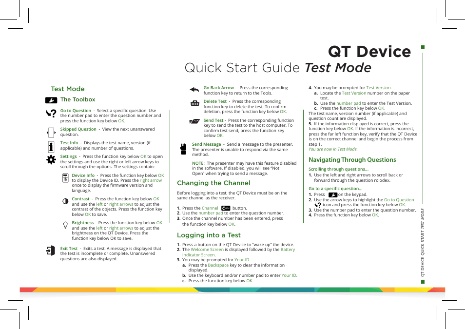 Qt device, Quick start guide test mode, Test mode | Changing the channel, Logging into a test, Navigating through questions | Turning Technologies TurningPoint Cloud User Manual | Page 19 / 28