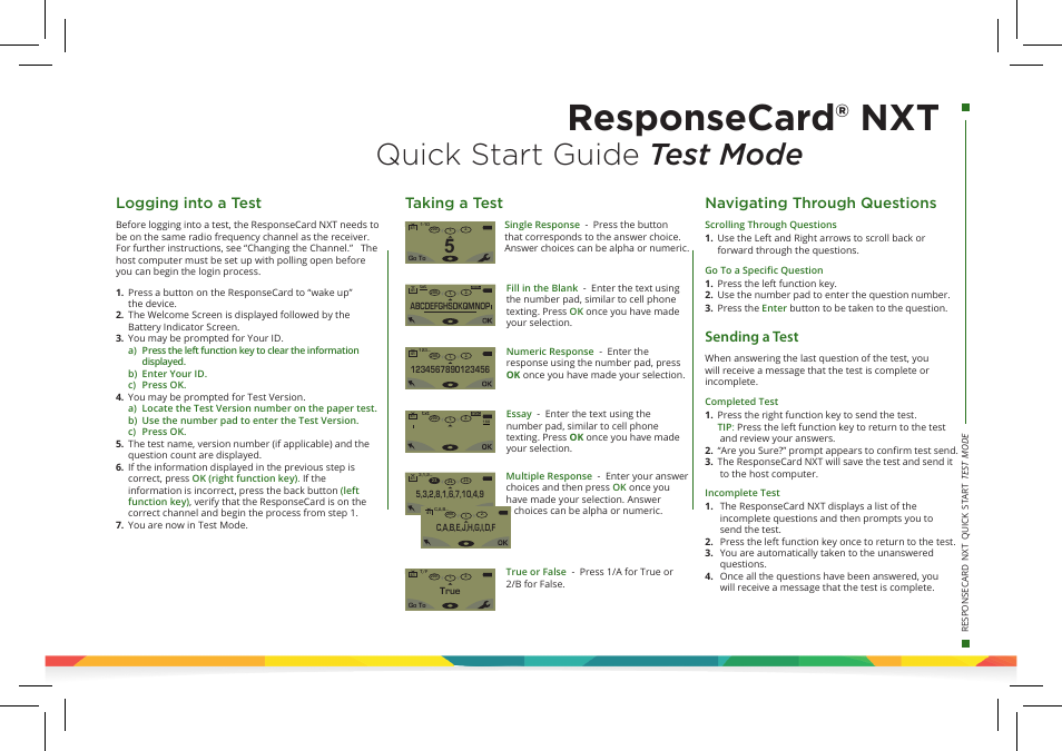 Responsecard® nxt, Quick start guide test mode, Logging into a test | Taking a test, Navigating through questions, Sending a test | Turning Technologies TurningPoint Cloud User Manual | Page 23 / 28