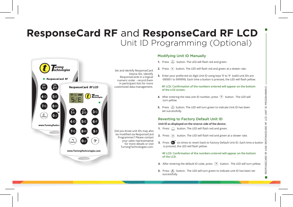 Responsecard rf and responsecard rf lcd, Unit id programming (optional) | Turning Technologies TurningPoint Cloud User Manual | Page 25 / 28