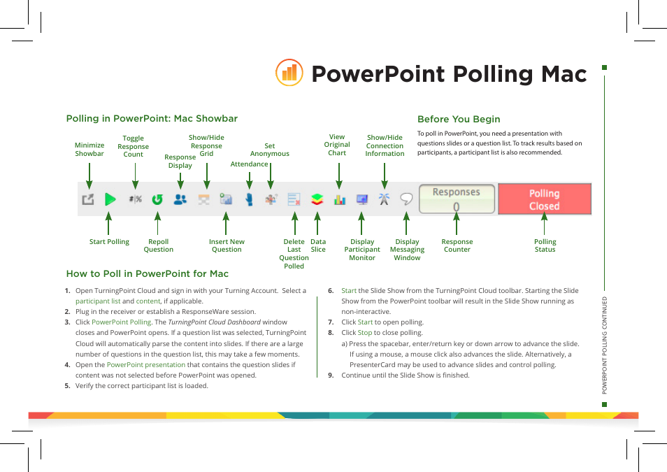 Powerpoint polling mac, How to poll in powerpoint for mac before you begin, Polling in powerpoint: mac showbar | Turning Technologies TurningPoint Cloud User Manual | Page 9 / 28