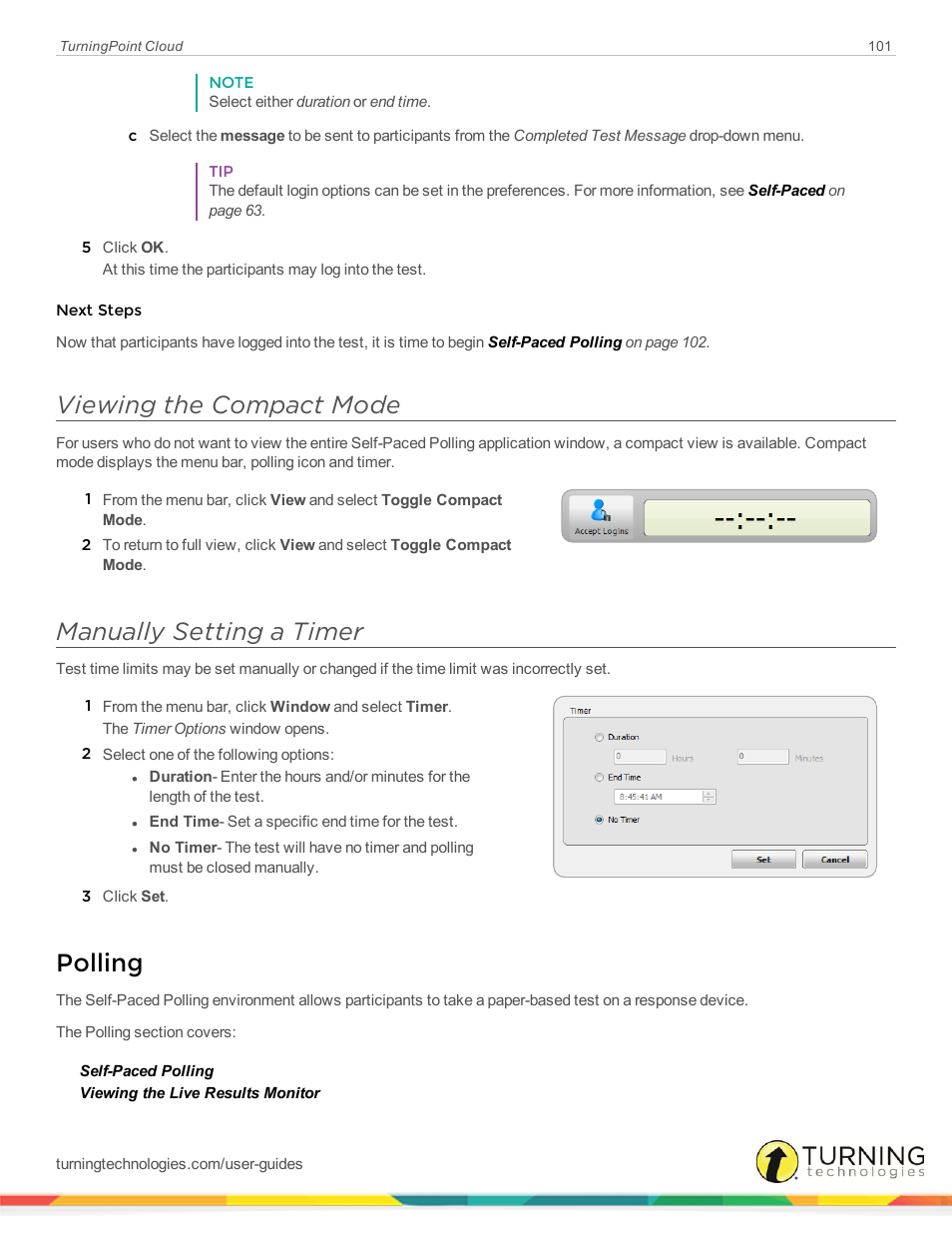 Viewing the compact mode, Manually setting a timer, Polling | Turning Technologies TurningPoint Cloud User Manual | Page 101 / 148