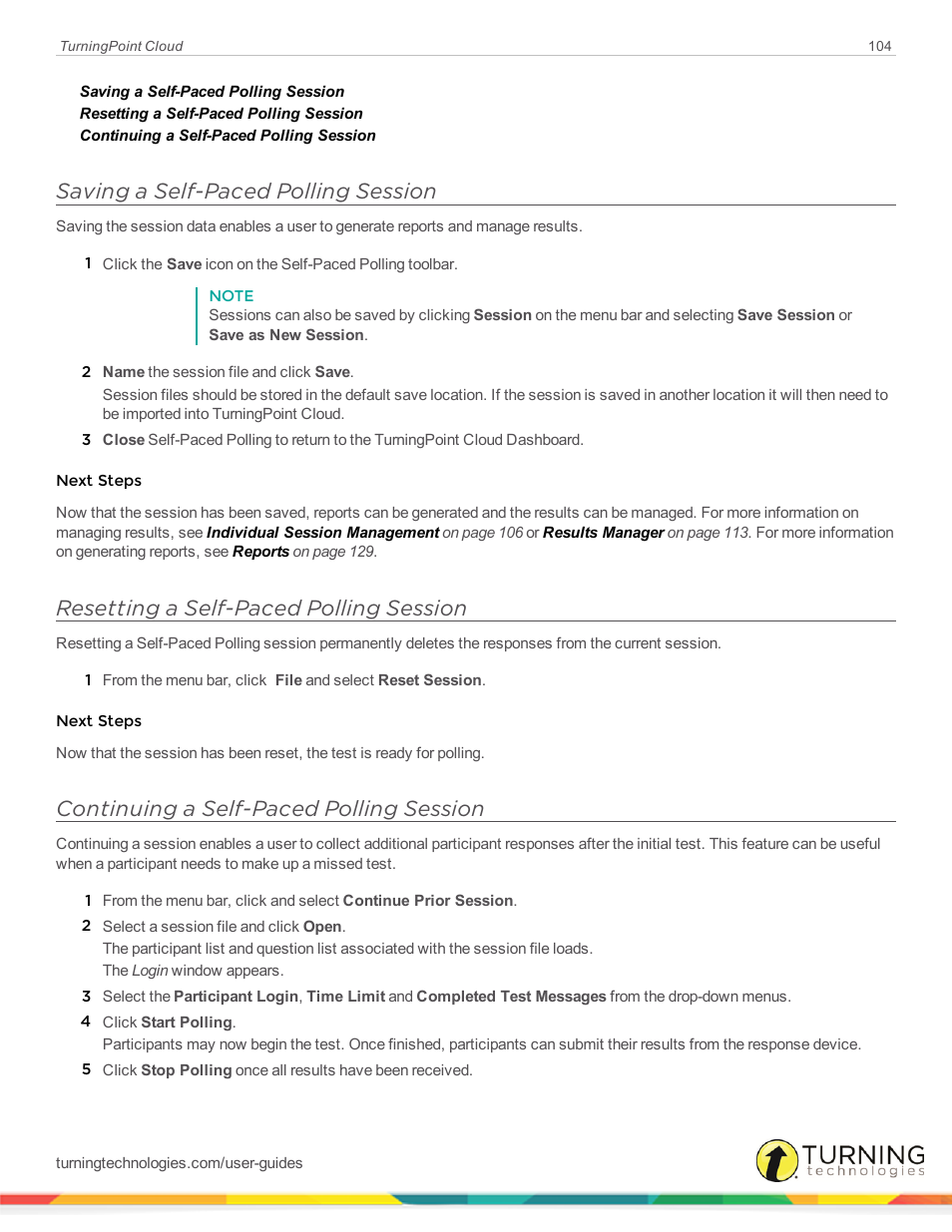 Saving a self-paced polling session, Resetting a self-paced polling session, Continuing a self-paced polling session | Turning Technologies TurningPoint Cloud User Manual | Page 104 / 148
