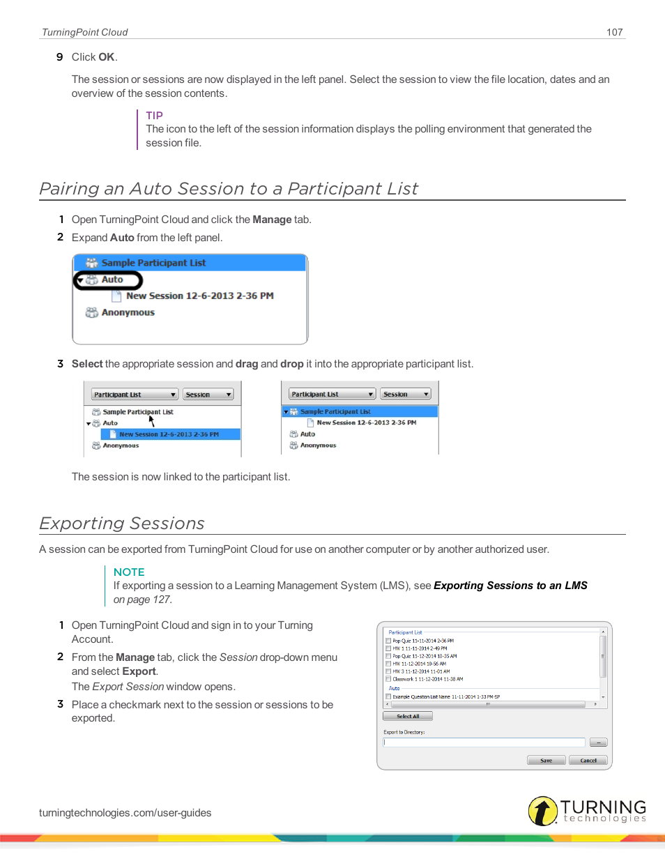 Pairing an auto session to a participant list, Exporting sessions | Turning Technologies TurningPoint Cloud User Manual | Page 107 / 148