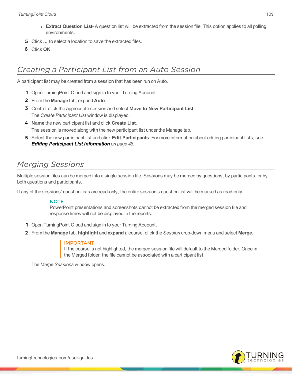Creating a participant list from an auto session, Merging sessions | Turning Technologies TurningPoint Cloud User Manual | Page 109 / 148