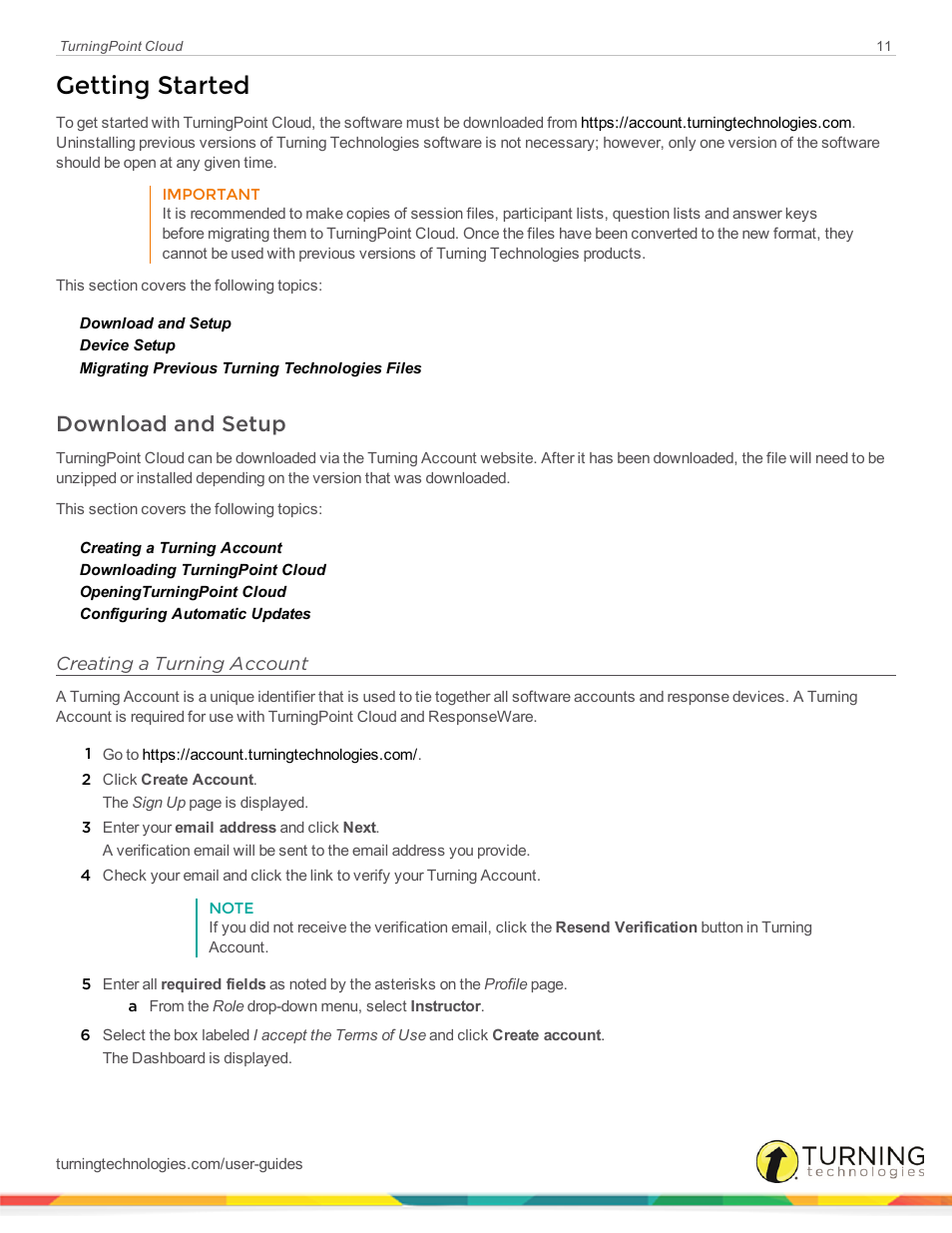 Getting started, Download and setup, Creating a turning account | Turning Technologies TurningPoint Cloud User Manual | Page 11 / 148