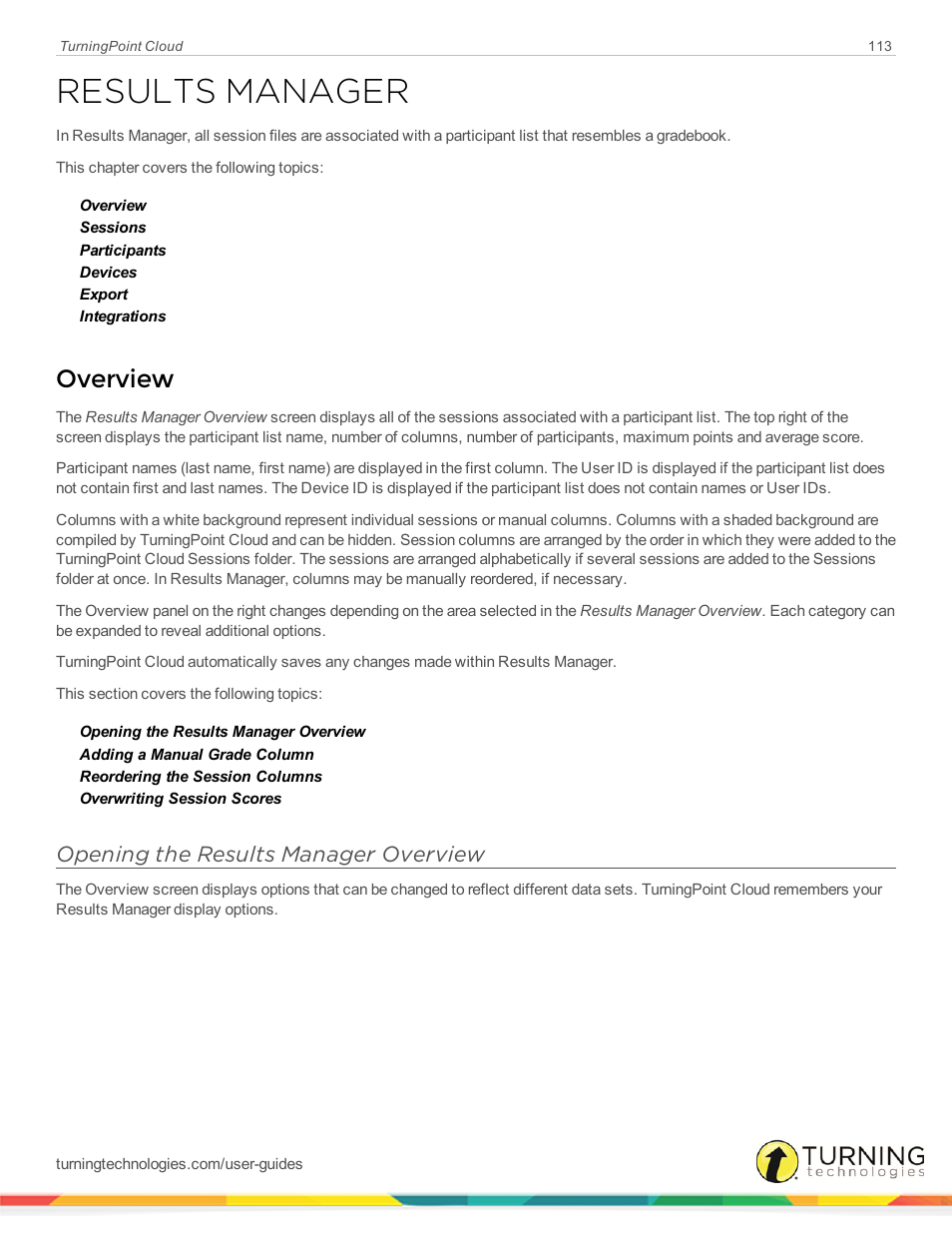 Results manager, Overview, Opening the results manager overview | Turning Technologies TurningPoint Cloud User Manual | Page 113 / 148