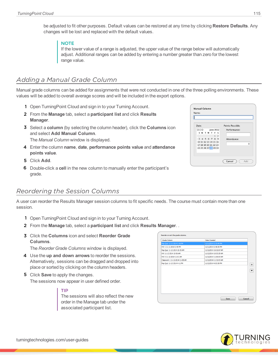 Adding a manual grade column, Reordering the session columns | Turning Technologies TurningPoint Cloud User Manual | Page 115 / 148
