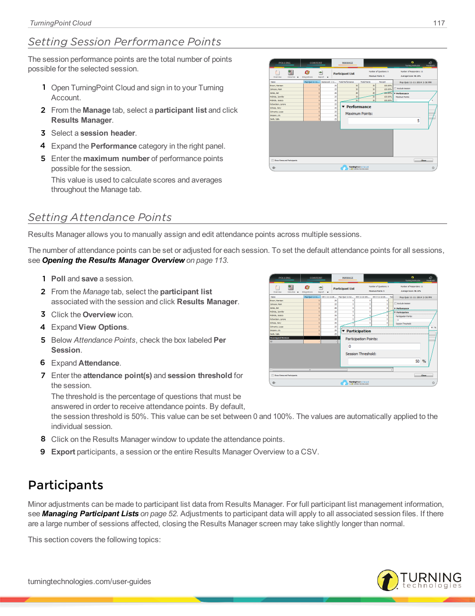 Setting session performance points, Setting attendance points, Participants | Turning Technologies TurningPoint Cloud User Manual | Page 117 / 148