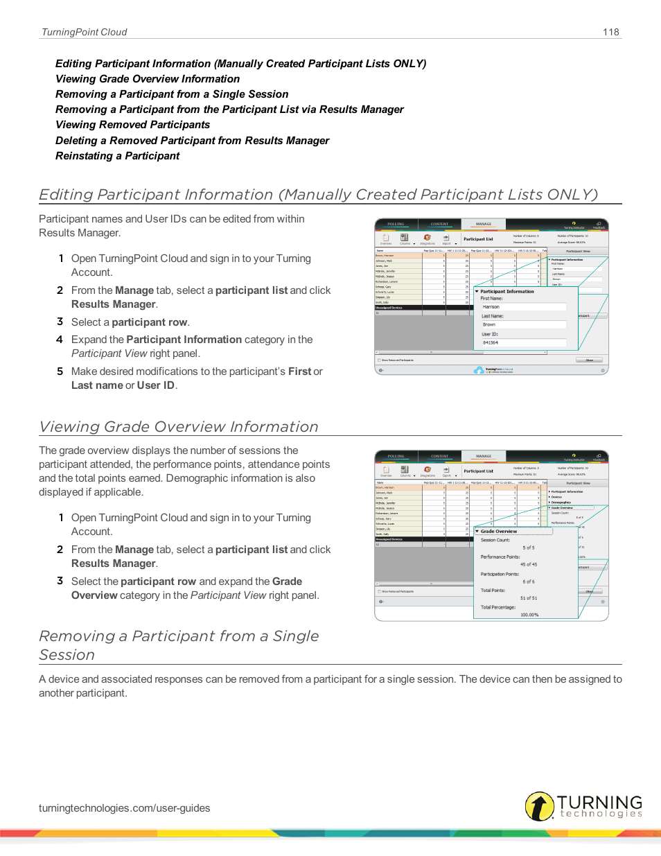 Viewing grade overview information, Removing a participant from a single session | Turning Technologies TurningPoint Cloud User Manual | Page 118 / 148