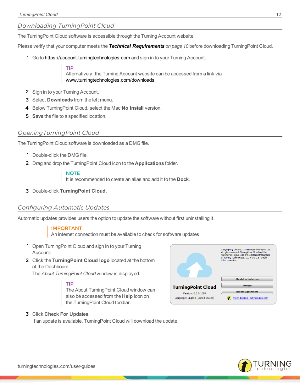 Downloading turningpoint cloud, Openingturningpoint cloud, Configuring automatic updates | Turning Technologies TurningPoint Cloud User Manual | Page 12 / 148