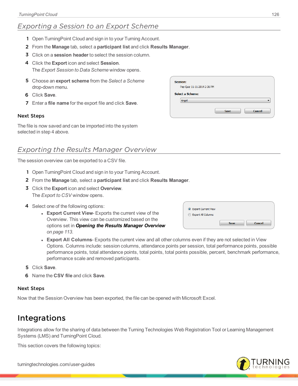 Exporting a session to an export scheme, Exporting the results manager overview, Integrations | Turning Technologies TurningPoint Cloud User Manual | Page 126 / 148