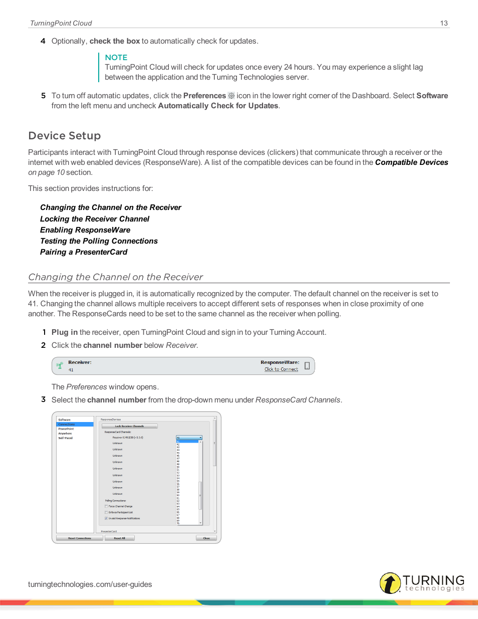 Device setup, Changing the channel on the receiver | Turning Technologies TurningPoint Cloud User Manual | Page 13 / 148
