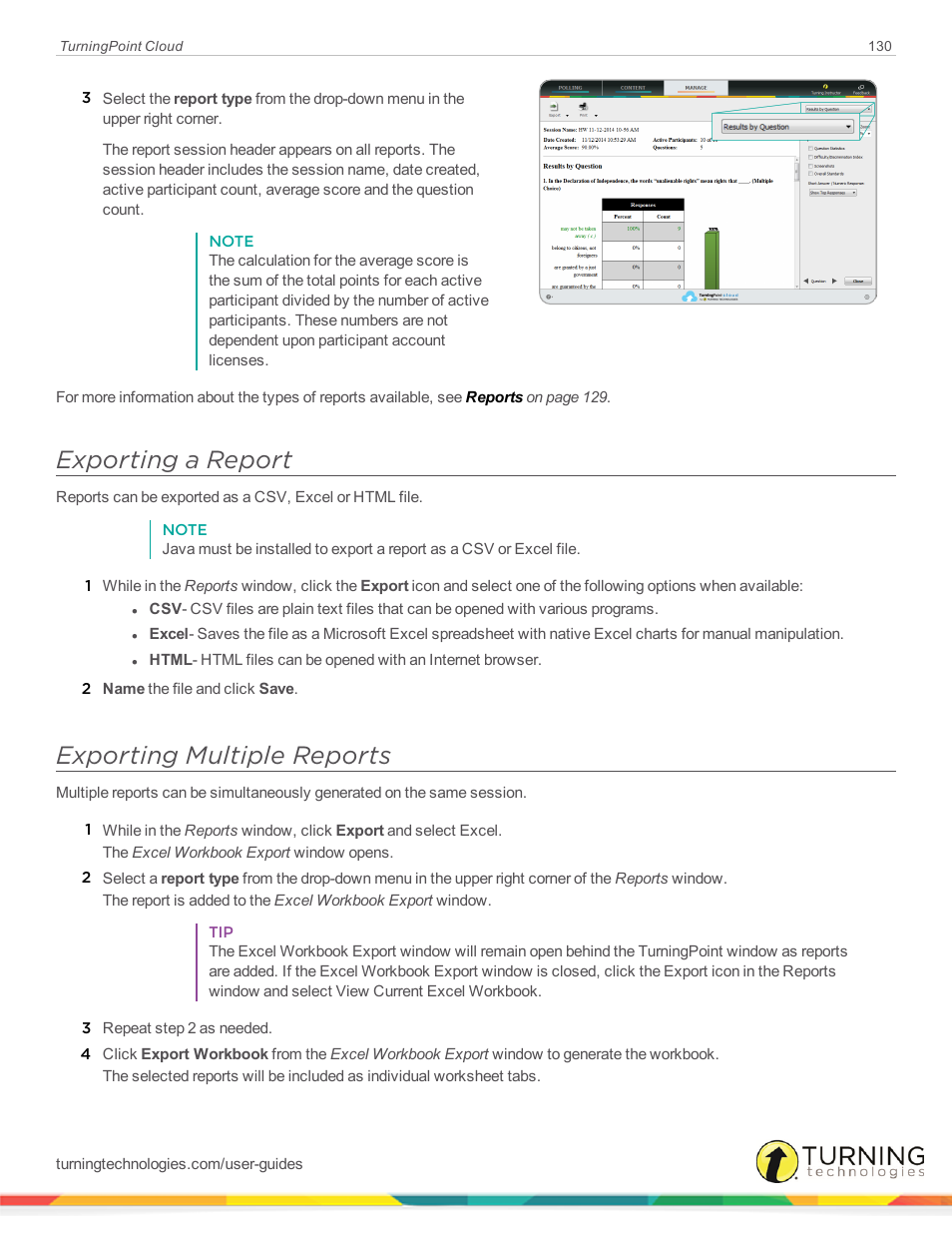 Exporting a report, Exporting multiple reports | Turning Technologies TurningPoint Cloud User Manual | Page 130 / 148
