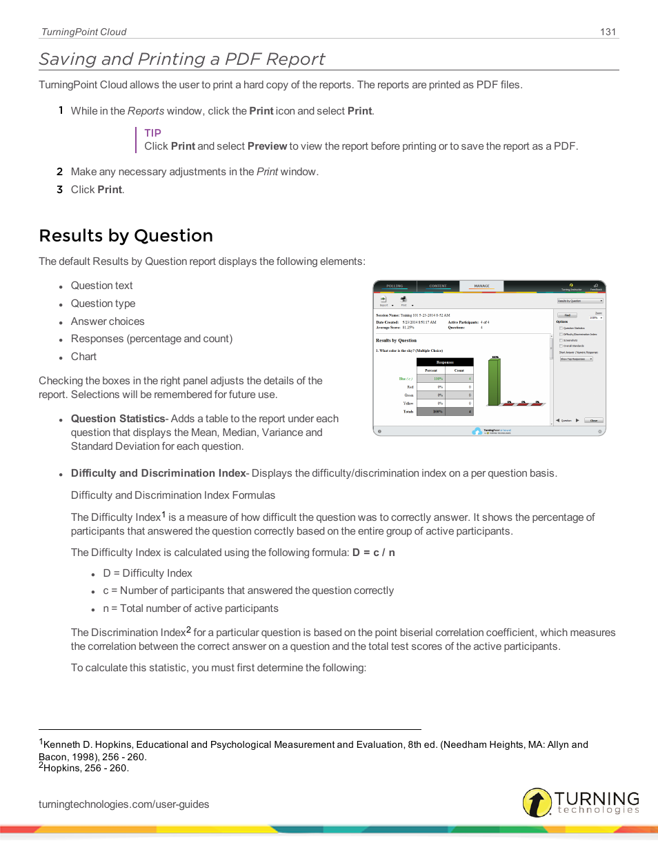 Saving and printing a pdf report, Results by question | Turning Technologies TurningPoint Cloud User Manual | Page 131 / 148