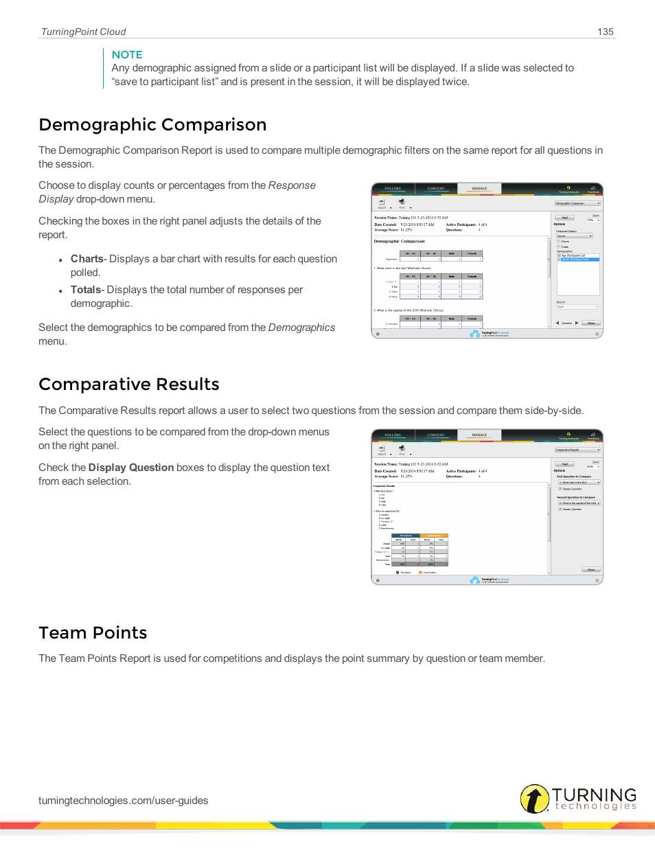 Demographic comparison, Comparative results, Team points | Turning Technologies TurningPoint Cloud User Manual | Page 135 / 148