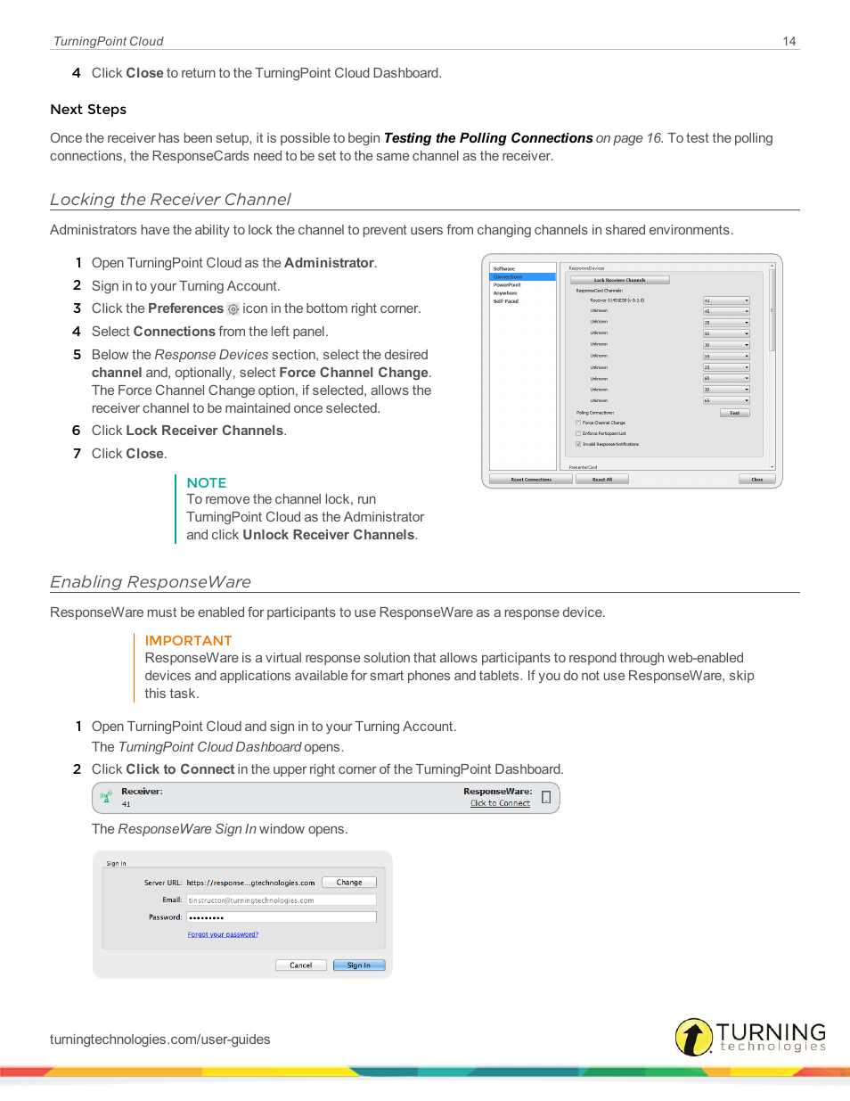 Locking the receiver channel, Enabling responseware | Turning Technologies TurningPoint Cloud User Manual | Page 14 / 148