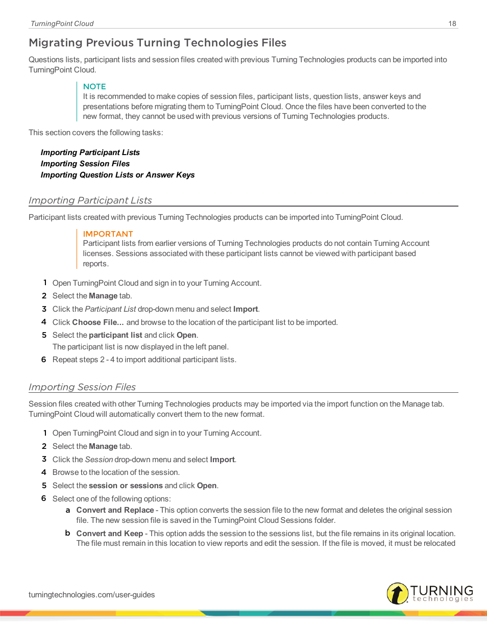Migrating previous turning technologies files, Importing participant lists, Importing session files | Turning Technologies TurningPoint Cloud User Manual | Page 18 / 148