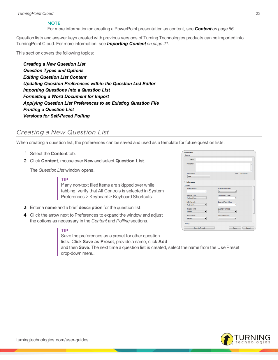 Creating a new question list | Turning Technologies TurningPoint Cloud User Manual | Page 23 / 148