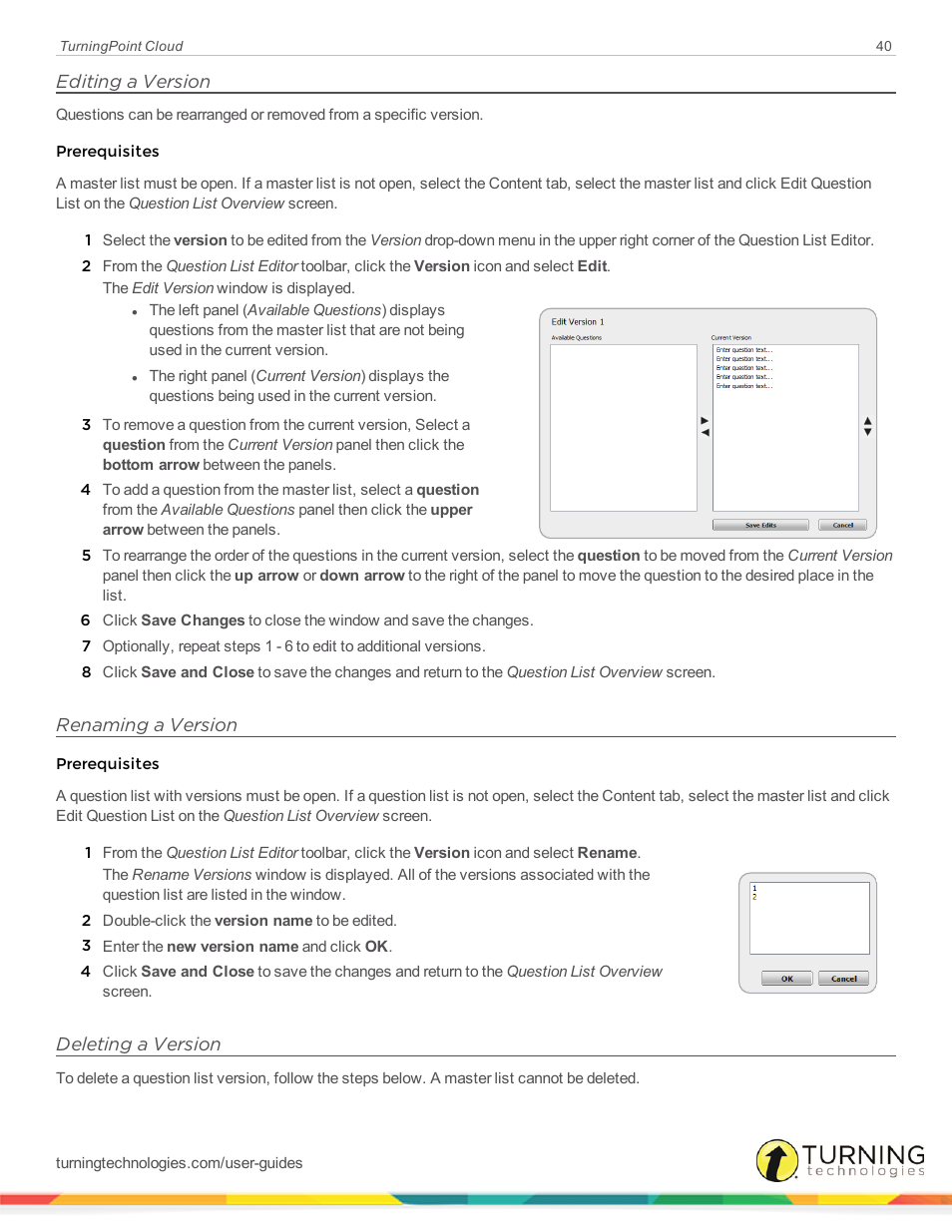 Editing a version, Renaming a version, Deleting a version | Turning Technologies TurningPoint Cloud User Manual | Page 40 / 148