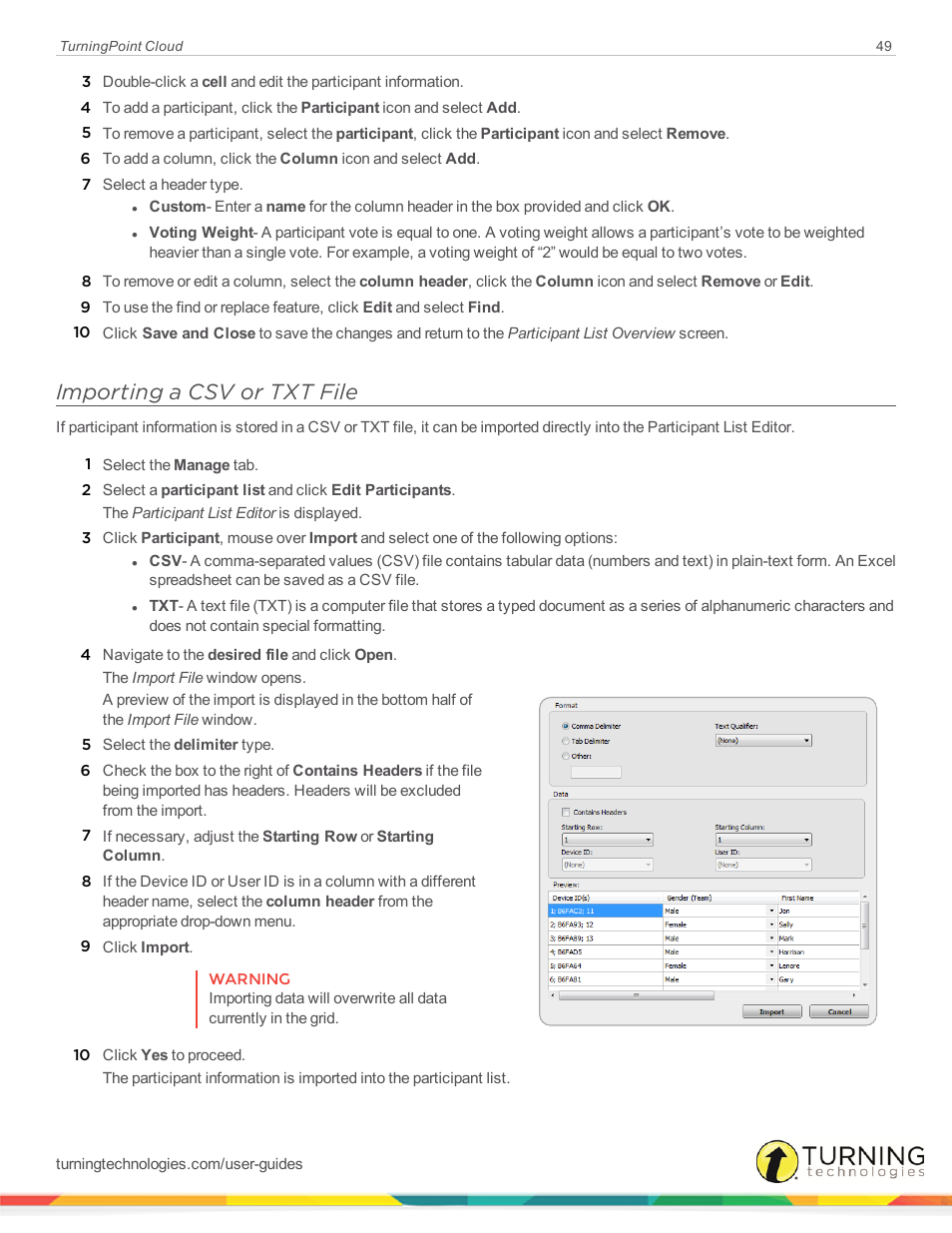 Importing a csv or txt file | Turning Technologies TurningPoint Cloud User Manual | Page 49 / 148