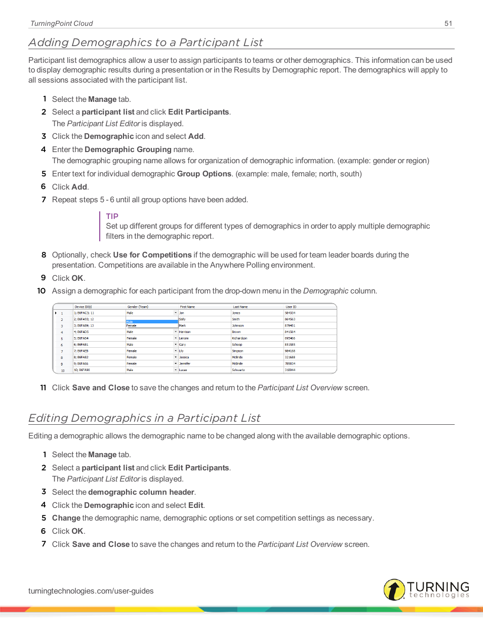 Adding demographics to a participant list, Editing demographics in a participant list | Turning Technologies TurningPoint Cloud User Manual | Page 51 / 148