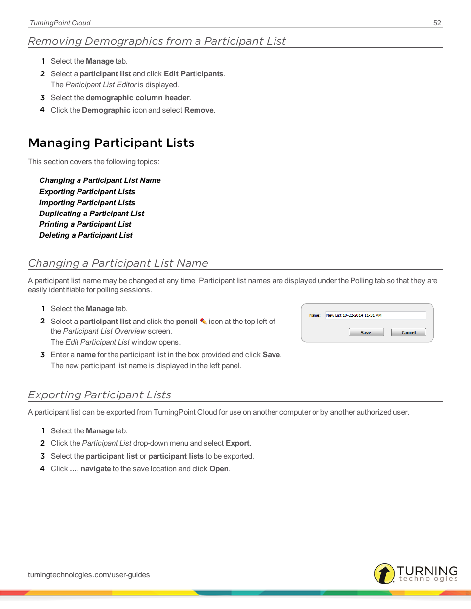 Removing demographics from a participant list, Managing participant lists, Changing a participant list name | Exporting participant lists | Turning Technologies TurningPoint Cloud User Manual | Page 52 / 148