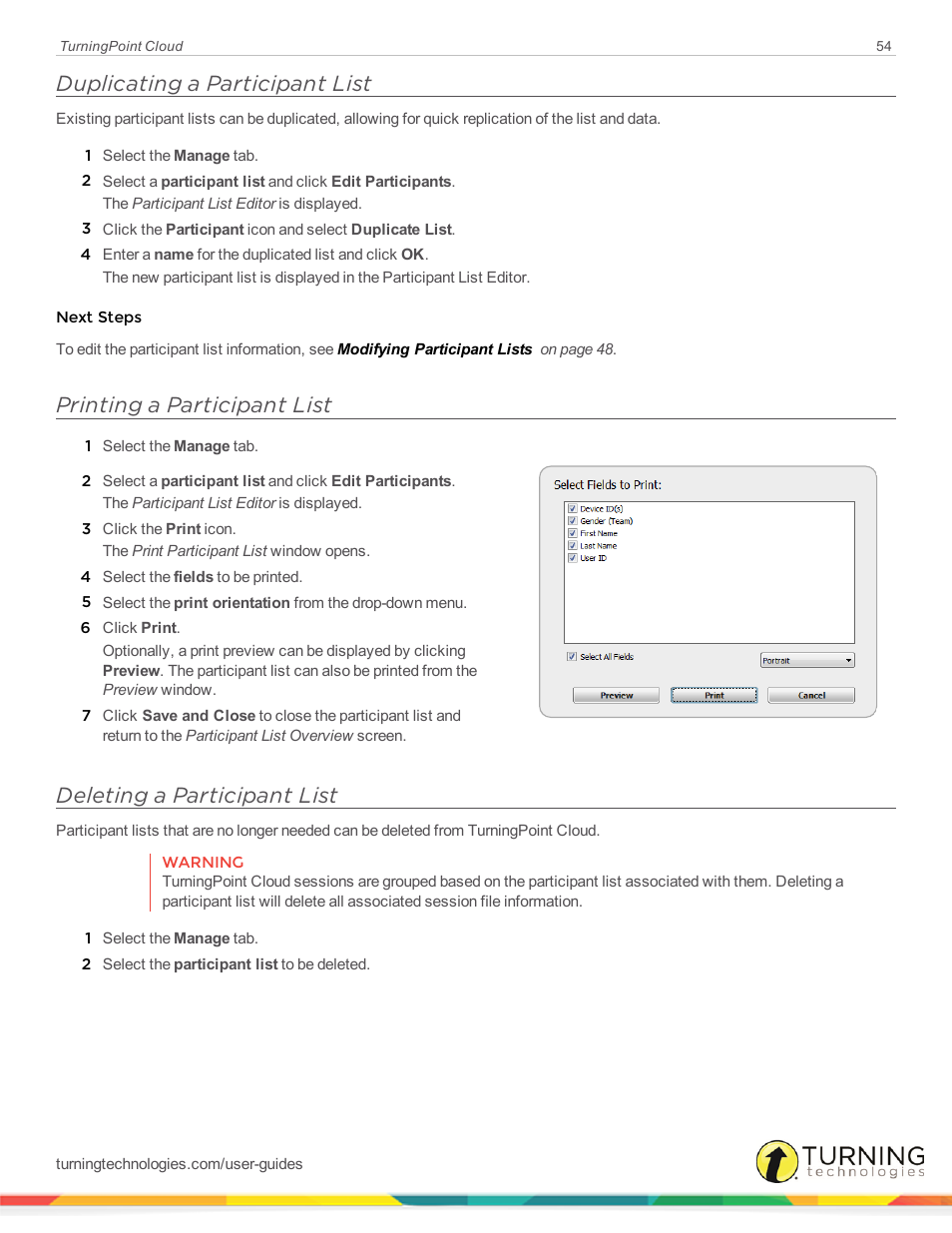 Duplicating a participant list, Printing a participant list, Deleting a participant list | Turning Technologies TurningPoint Cloud User Manual | Page 54 / 148