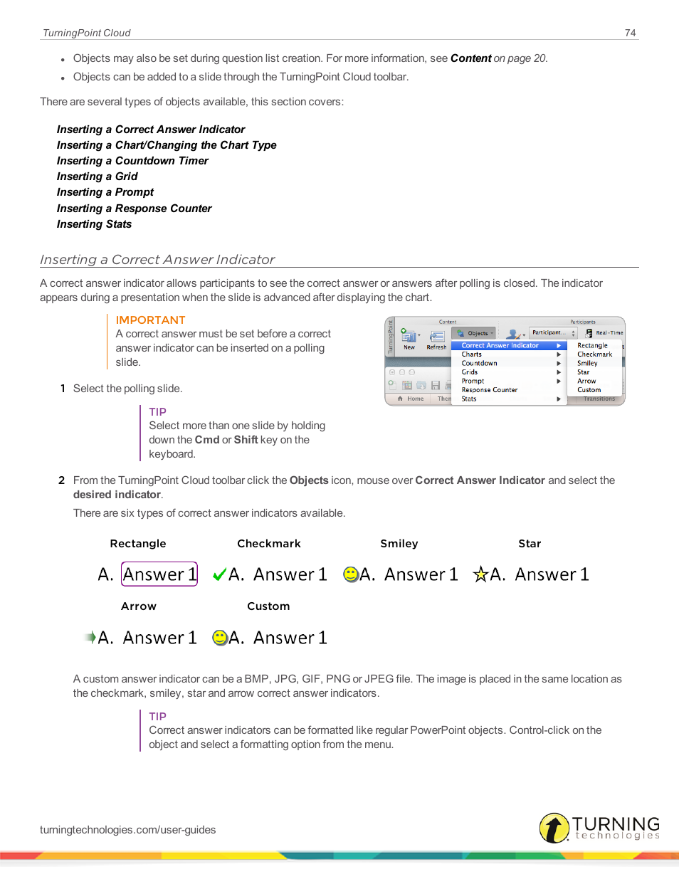 Inserting a correct answer indicator | Turning Technologies TurningPoint Cloud User Manual | Page 74 / 148