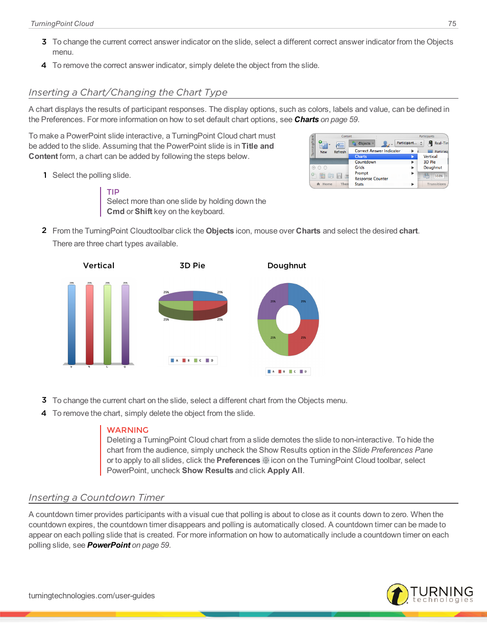 Inserting a chart/changing the chart type, Inserting a countdown timer | Turning Technologies TurningPoint Cloud User Manual | Page 75 / 148