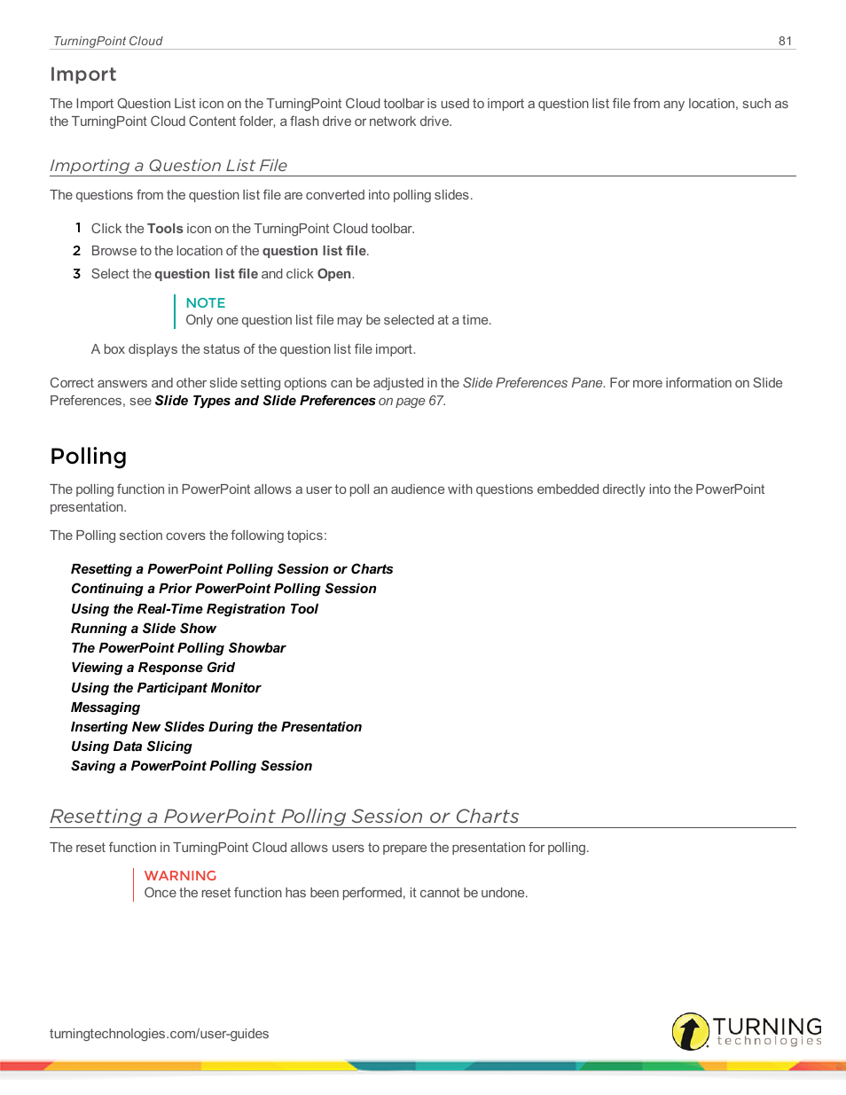 Import, Importing a question list file, Polling | Resetting a powerpoint polling session or charts | Turning Technologies TurningPoint Cloud User Manual | Page 81 / 148